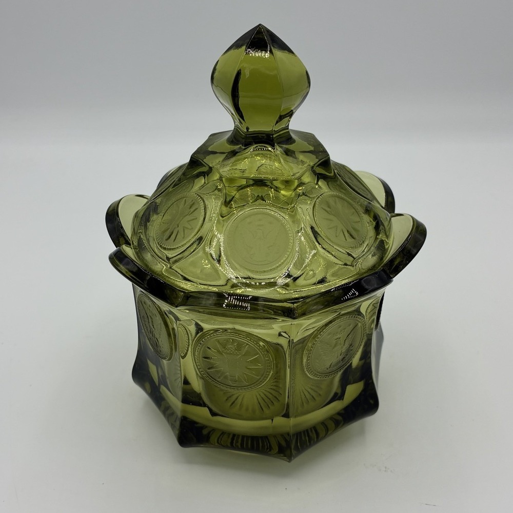 Vintage Fostoria Coin Glass Candy Dish w Lid Avocado Green Eagle 1887 Pedestal